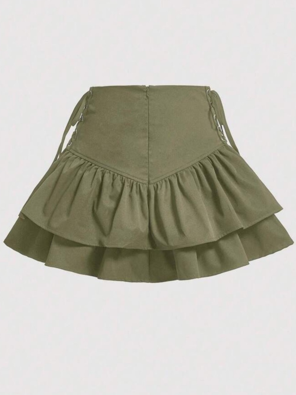 Olive Lace-Up Ruffle Mini Skirt - L - Picture 2 of 5
